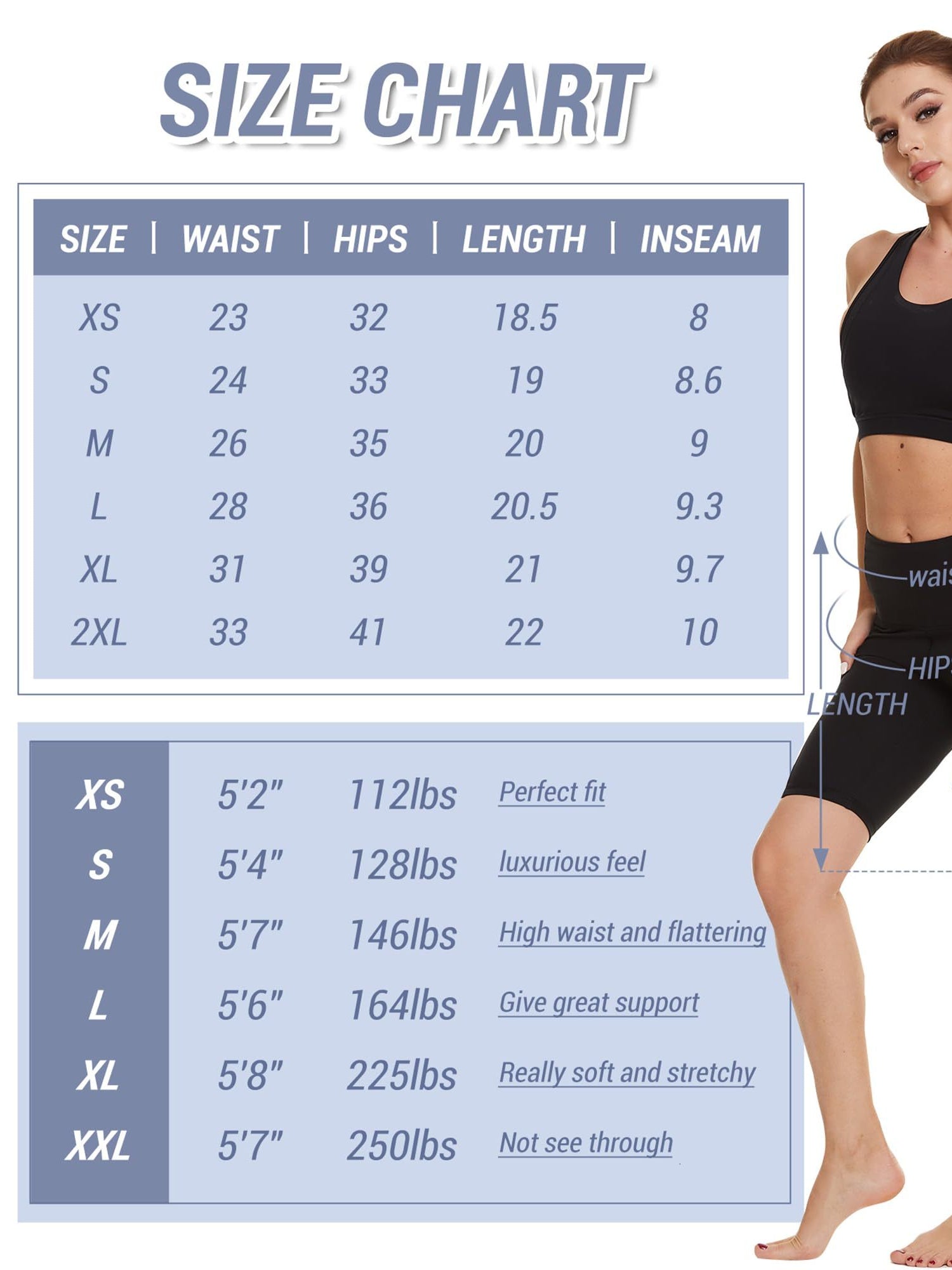 Size chart for athletic wear with a model and measurements displayed.