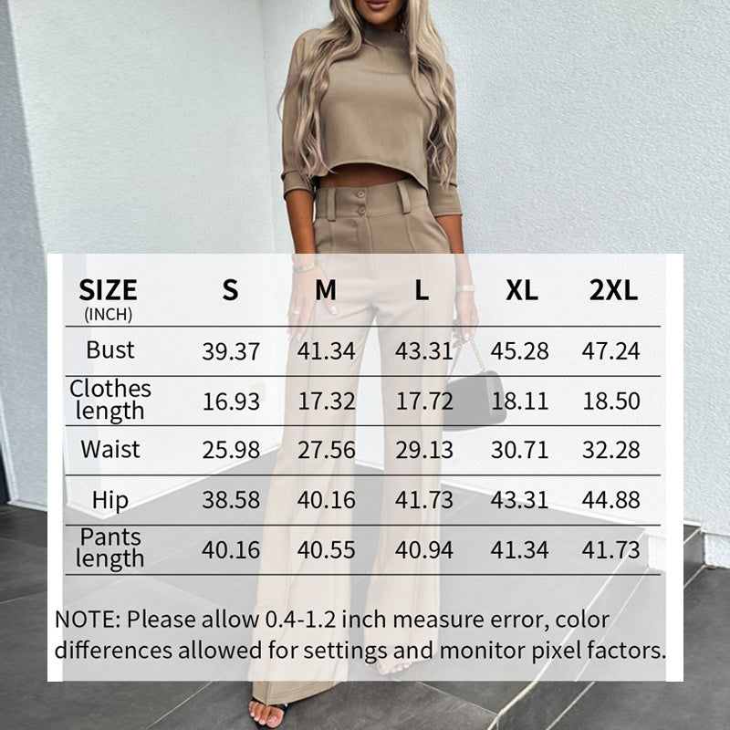 Woman wearing a beige outfit with a size chart overlay