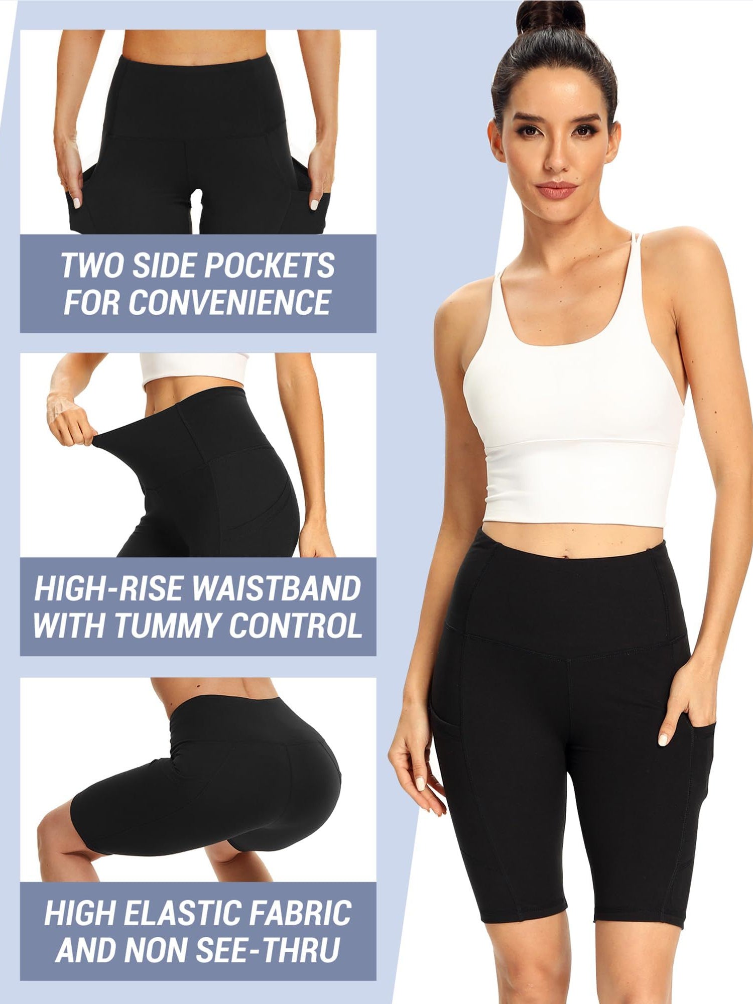 Woman wearing black athletic shorts with text highlighting features on a light blue background