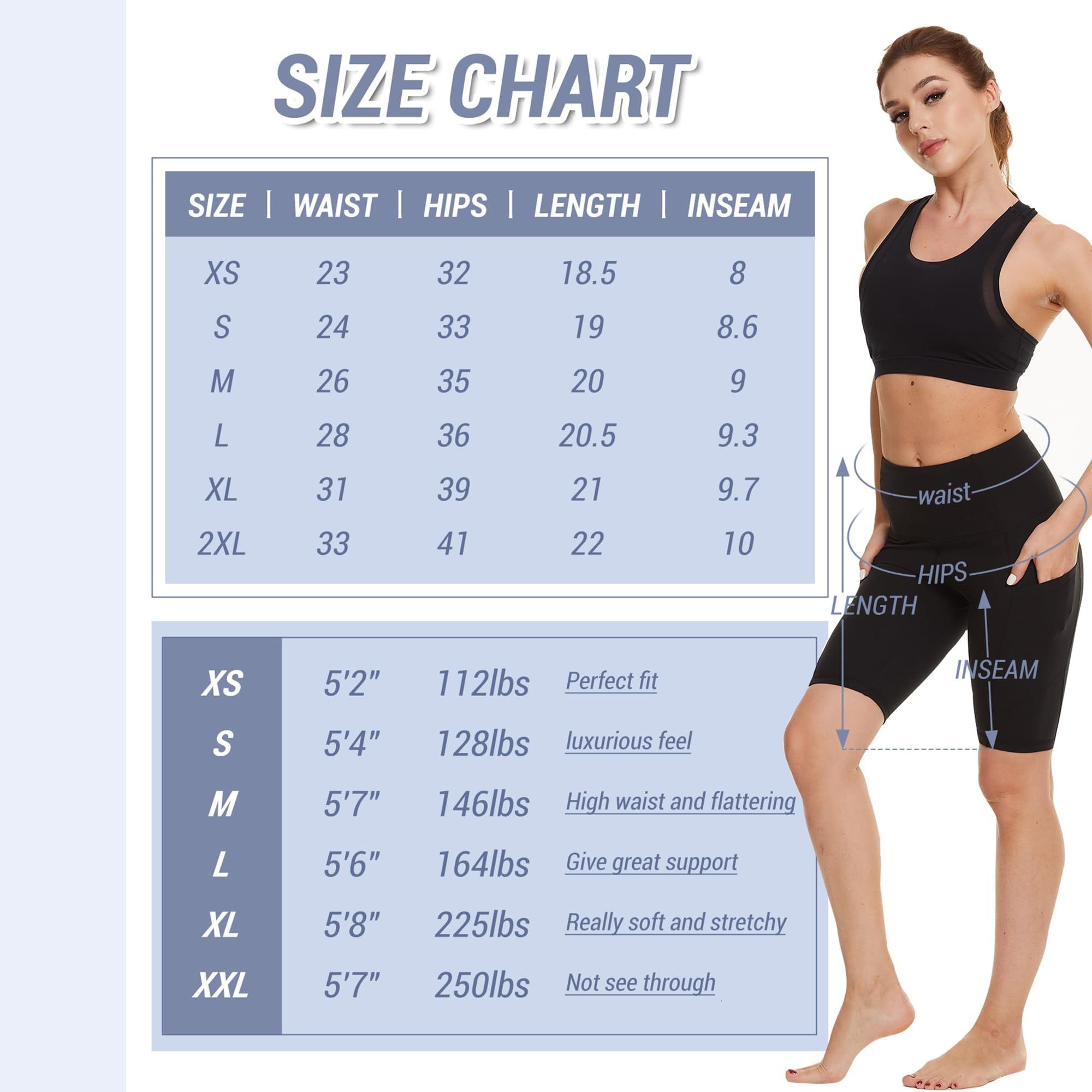 Size chart for athletic wear with a model and measurements displayed.
