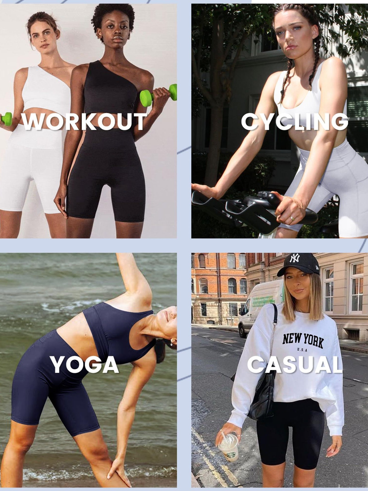 Collage of women in athletic wear with labels for workout, cycling, yoga, and casual wear.