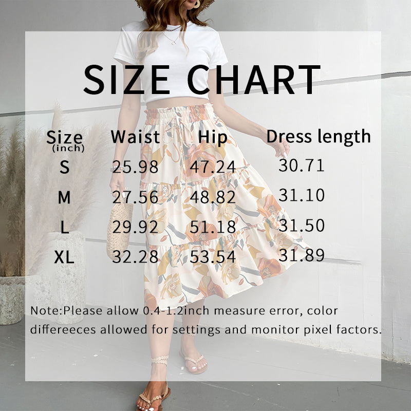 Size chart overlay on a model wearing a dress with measurements displayed.